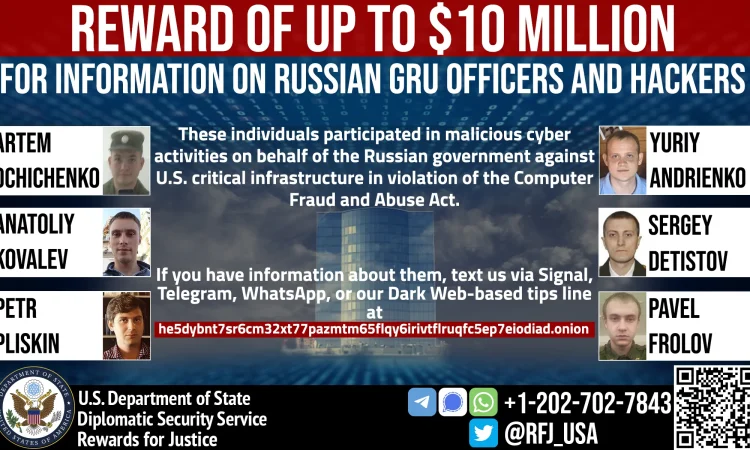 美国悬赏1000万美元以获取6名俄罗斯军事黑客的信息