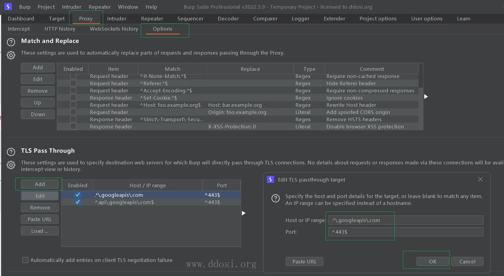 Burpsuite TLS pass Through list