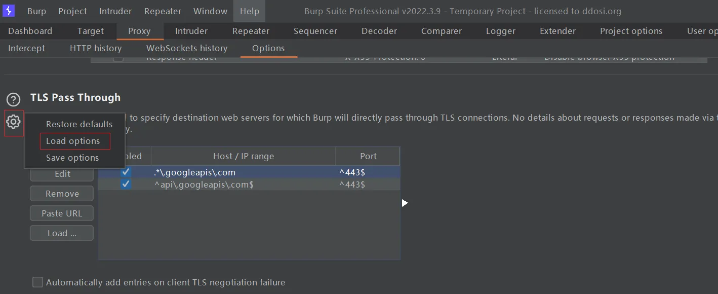 Burpsuite TLS pass Through list