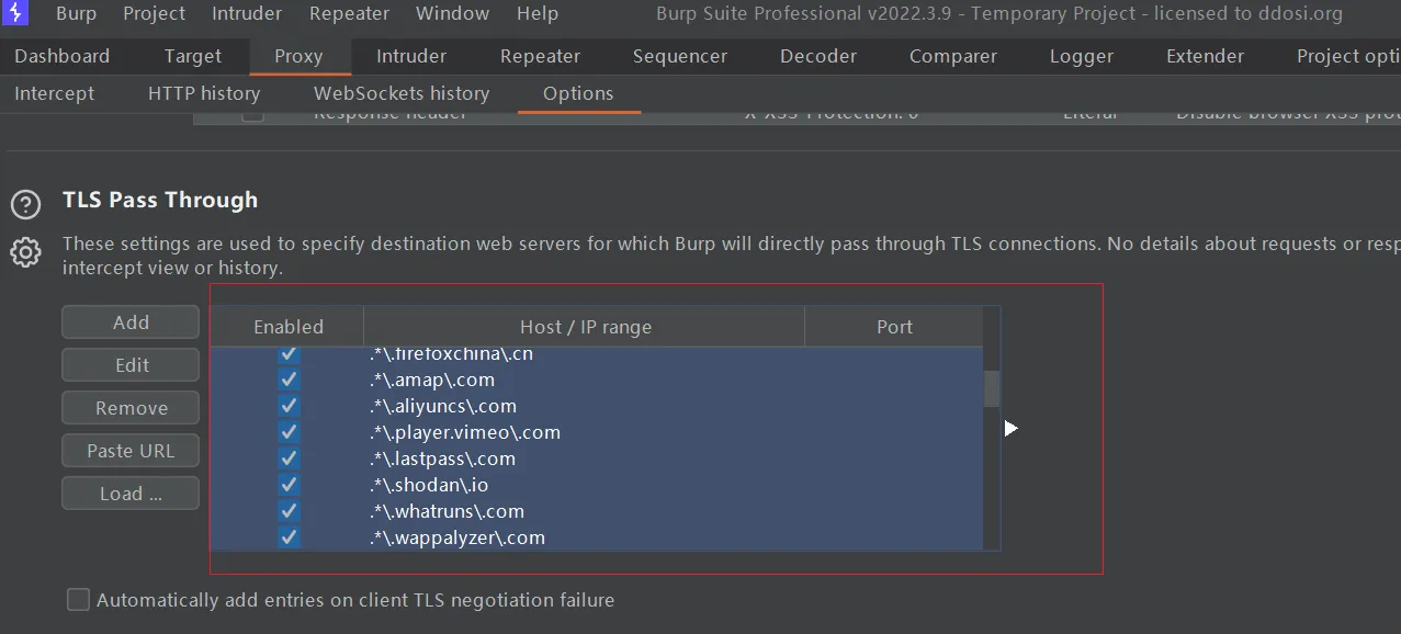 Burpsuite TLS pass Through list