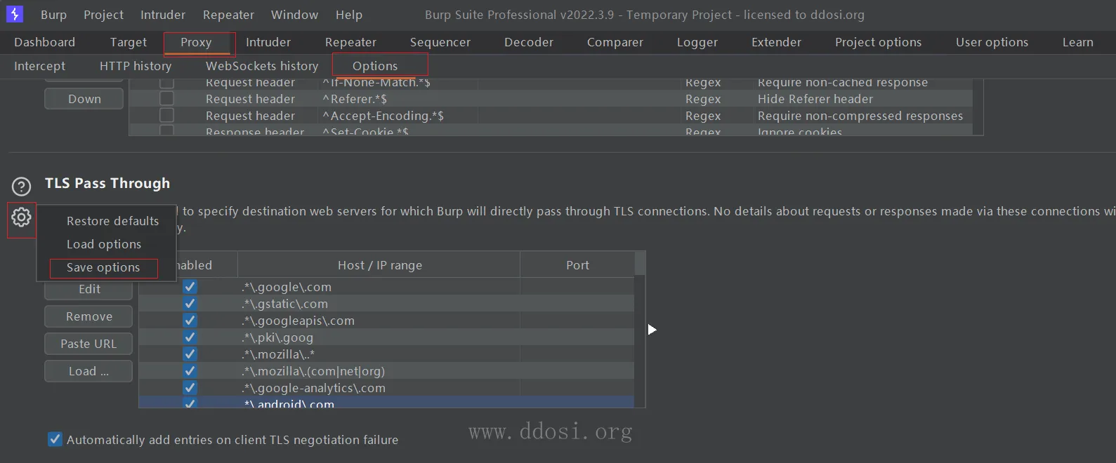 Burpsuite TLS pass Through list