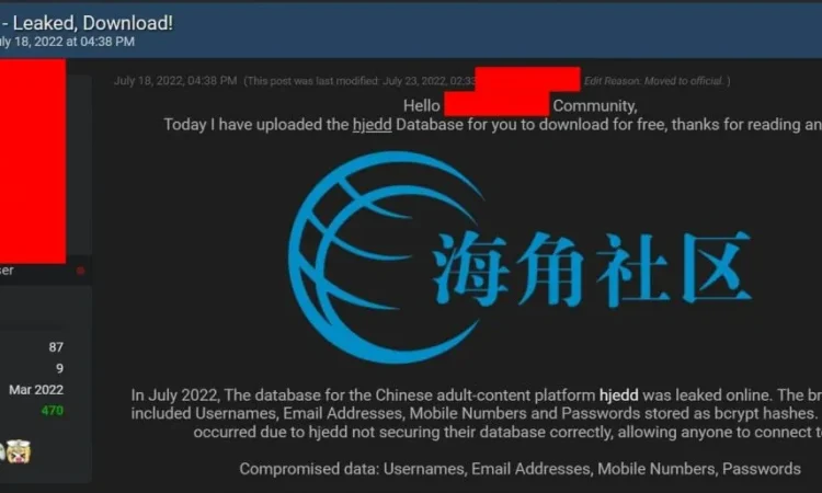 中国成人网站海角社区1400万用户数据泄露
